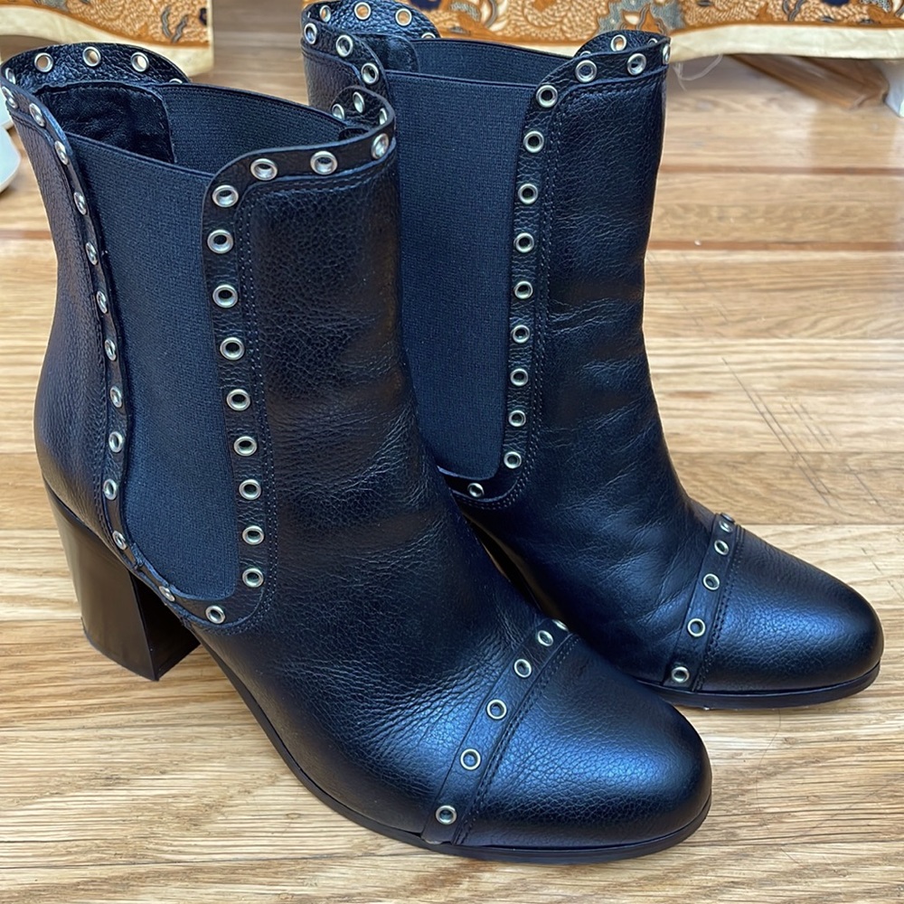 M Gemi black leather heeled boots with silver grommets, 36.5